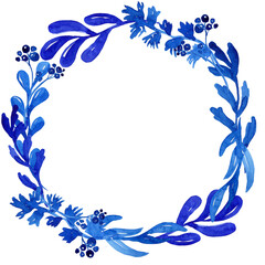 Fototapeta na wymiar Watercolor floral circle frame. Blue leaves and flowers wreath. Nature foliage