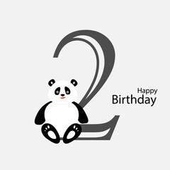 birthday card for kids with cute panda. 2 year old. Vector illustration.