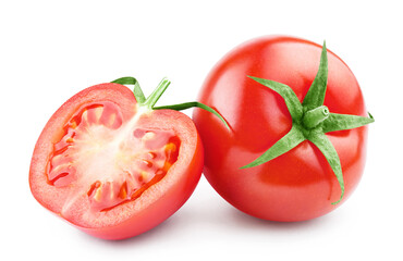 Close-up of delicious entire and half tomatoes, isolated on white background