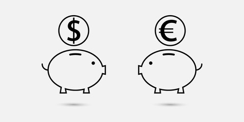 Piggy bank icon. Dollar and euro piggy banks icon on white background. Flat trendy vector. The ratio of the dollar to the euro. Use for web and mobile devices. Vector illustration.