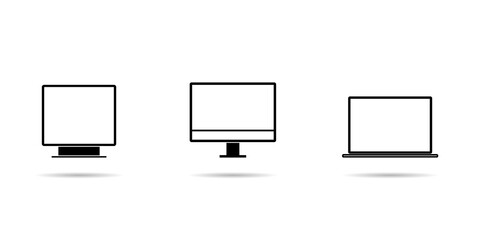 Device mockup set with new monitor, old monitor and laptop. Vector flat illustration.