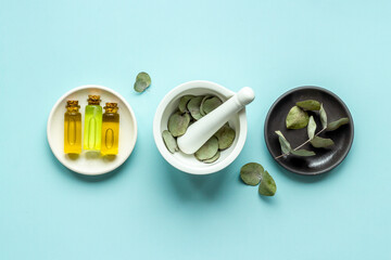 Natural cosmetic products - eucalyptus essential oil, top view
