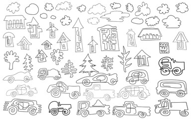 Hand-drawn silhouettes of houses, cars, clouds, trees on a white background.For icons and cursors.