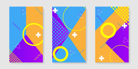 Cover templates with graphic geometric elements. Fashionable memphis style. Set of covers in neo memphis style. A collection of cool bright covers. Abstract shapes composition. Vector illustration.