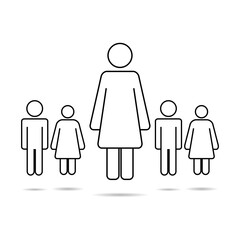 lonely woman with children, kindergarten teacher with children, teacher with pupils. Vector illustration.