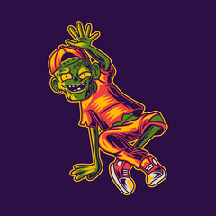 t shirt design zombie with smile break dance illustration