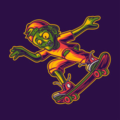 t shirt design zombies skateboarding with flying style in the air illustration
