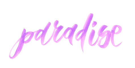 Paradise Banner Watercolor Calligraphy. Handwritten isolated pink word for card, logo or design