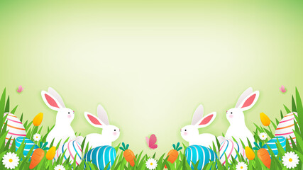 Easter Background vector illustration. Easter Eggs, white rabbits and carrots on spring flower meadows