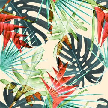 Geometrical seamless pattern with floral elements. Tropical background in contemporary style. Artistic and unique floral pattern design. Exclusive stylish texture.