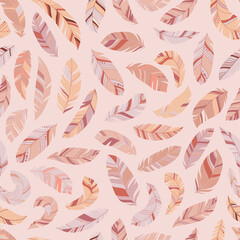 Pink feathers. Hand drawn boho stylish seamless pattern. Lovely and romantic print. Cute vector illustration. 