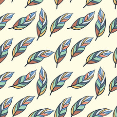 Fototapeta na wymiar Hand-drawn Boho style feathers, seamless background. Hippie style. Suitable for the design of fabrics, wallpaper, backdrops, wrappers, etc.