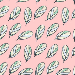 Hand-drawn Boho style feathers, seamless background. Hippie style. Suitable for the design of fabrics, wallpaper, backdrops, wrappers, etc.