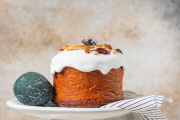 Easter holiday table decoration serving easter cake and eggs portion on the table healthy meal top view copy space for text food background rustic image