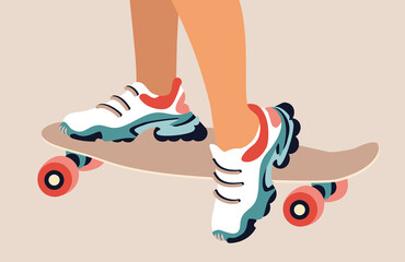 Female or male legs in the sneakers on skateboard. Hand drawn vector colored trendy illustration on beige background.
