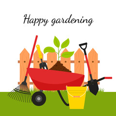 A garden wheelbarrow with a plant and tools on the background of a fence and grass. The concept of growing your garden, caring for plants, gardening, farming. Color vector illustration. on white.
