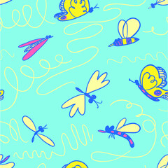 Obraz premium Summer seamless pattern with flying insects in the sky. Bees and butterlies. Background with cute natural objects. Vector illustration in doodle sketchy style. 
