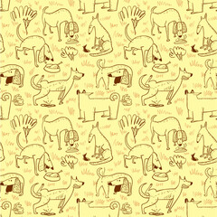 Seamless pattern with dogs. Vector illustration with cute cartoon pets . Funny animal characters in doodle style. Collection with cheerful dogs for backgrounds, wrapping, surfaces