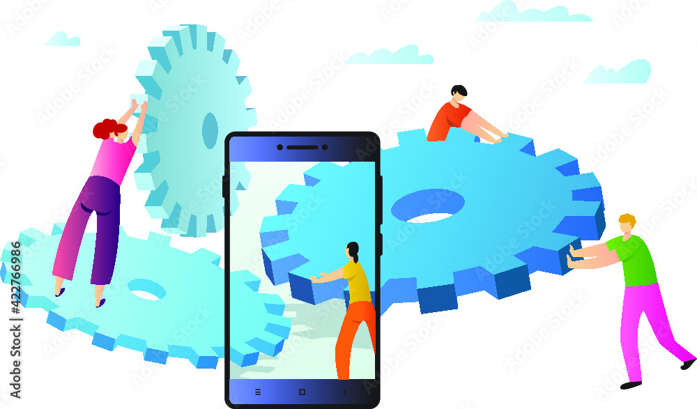 Wall mural web page template with service manager push gears. concept for mobile app, banner, ui and ux design.