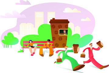 Fototapeta premium Office managers in the park. Background for website, landing page, mobile app and coffee shop online app. Bussines coffee break. Vector illustration with sityscape and people with coffee cups.
