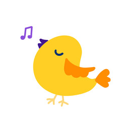 Cute yellow bird singing a song. Cartoon style. Isolated on white background. Vector