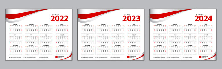 Calendar 2022, 2023, 2024 year template, Simple calendar, desk calendar design, wall calendar, Week starts from Sunday. Set of 12 Months, Planner, poster, vector eps10, red abstract background