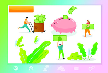 Web page template with managers making money. Concept with people collecting money to the pigggy bank.  Vector illustration for business teamwork themes,  mobile app, banner, ui and ux desig - 422767134