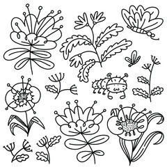 Floral set. Isolated flowers and leaves. Vector illustration with natural objects and plants and butterfy. Summer and spring design elements in doodle sketchy fun style - 422767157