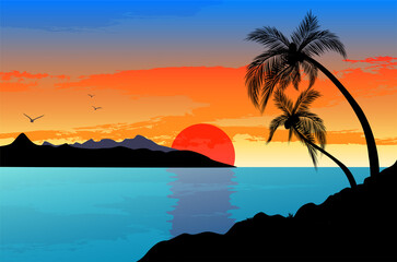 Fototapeta na wymiar Tropical sunset with palm silhouettes, hills and ocean