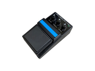 Isolated Black overdrive and black knob pre-amplifier stompbox electric guitar effect on white background with clipping path. music concept. can use for flat lay graphic or promotion.