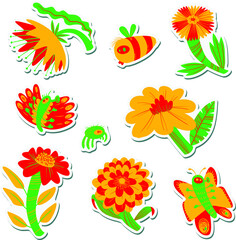 Stickers with summer floral objects. Set with flowers and insects  in cute cartoon style. Vector illustration for seasonal designs and labels - 422767545