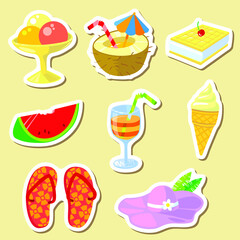 Stickers with summer objects. Set with ice cream, flip flop, hat and cocktail  in cute cartoon style. Vector illustration for seasonal designs and labels - 422767547