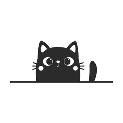 Vector cartoon silhouette of black cat waving to the wall is waving Cute kitten line drawing.