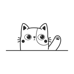 Vector cartoon silhouette of black cat waving to the wall is waving Cute kitten line drawing.