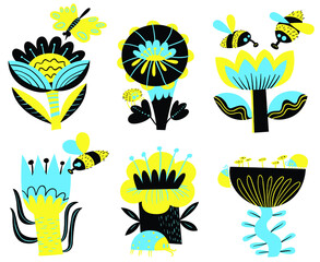 Floral set. Collection with abstract flowers and leaves.Vector illustration with insects - bugs and bees and butterflies. Element for spring and summer seasonal designs - 422767764