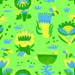 Floral seamless pattern with insects. Background of abstract flowers and leaves, butterfly, bug, bee.Vector illustration in decorative flat style. Background for spring and summer seasonal designs - 422767781