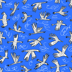 Doodle birds seamless pattern. Background  with funny flying animals in the sky. Vector illustration in cute hand drawn incomplete children style. Design element for wrapping, textile, fabric and surf - 422767942