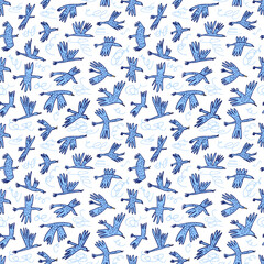 Doodle birds seamless pattern. Background  with funny flying animals in the sky. Vector illustration in cute hand drawn incomplete children style. Design element for wrapping, textile, fabric and surf - 422767950