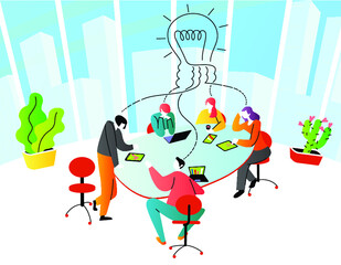 Brainstorm in modern office. Communication with goal to create idea. Vector illustration in flat style. people in process of command work - 422767963