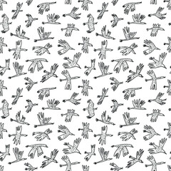 Doodle birds seamless pattern. Background  with funny flying animals in the sky. Vector illustration in cute hand drawn incomplete children style. Design element for wrapping, textile, fabric and surf - 422767970