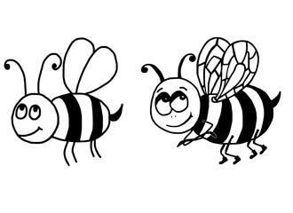 Bees, bumblebees. Cartoon silhouettes of insects. Black and white print for clothes, for children, for the nursery and kindergarten.