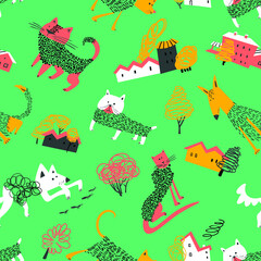 Seamless patternt with doodle cats and dogs in urban landscape. Background with pets  in cute doodle sketchy style. Vector illustration for backdrops, surfaces, wrapping, fabric, prints - 422768386