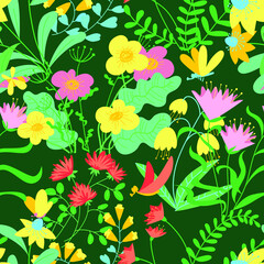 Seamless patternt with flower and leaves. Background with floral elements  in cute doodle style. Vector illustration with spring and summer meadow, flying insects - 422768512