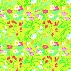 Seamless patternt with flower and leaves. Background with floral elements  in cute doodle style. Vector illustration with spring and summer meadow, flying insects - 422768571