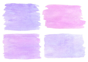 Watercolor pink and purple brush strokes set. Hand painted pastel colored aquarelle backgrounds isolated on white. Template smears for text or decoration design.