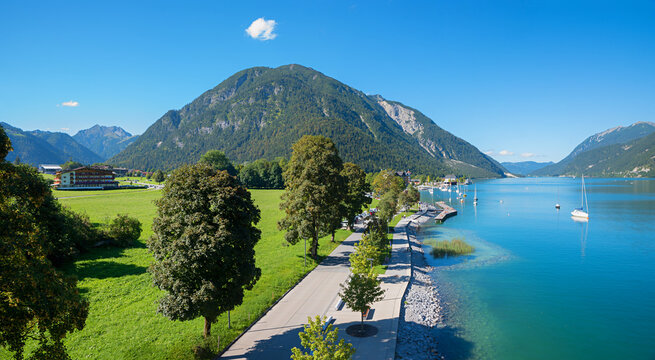 lookout point Pertisau, view to lake Achensee lakeside promenade and road
