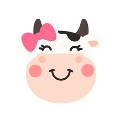 Vector cartoon cute cow face A bull and a female with a bow Separate from the background