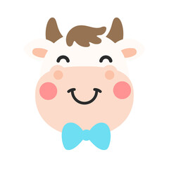 Vector cartoon cute cow face A bull and a female with a bow Separate from the background