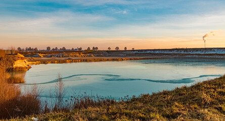 Beautiful winter landscape evening view near Plattling, Isar, Bavaria, Germany