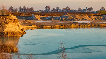 Beautiful winter landscape evening view near Plattling, Isar, Bavaria, Germany